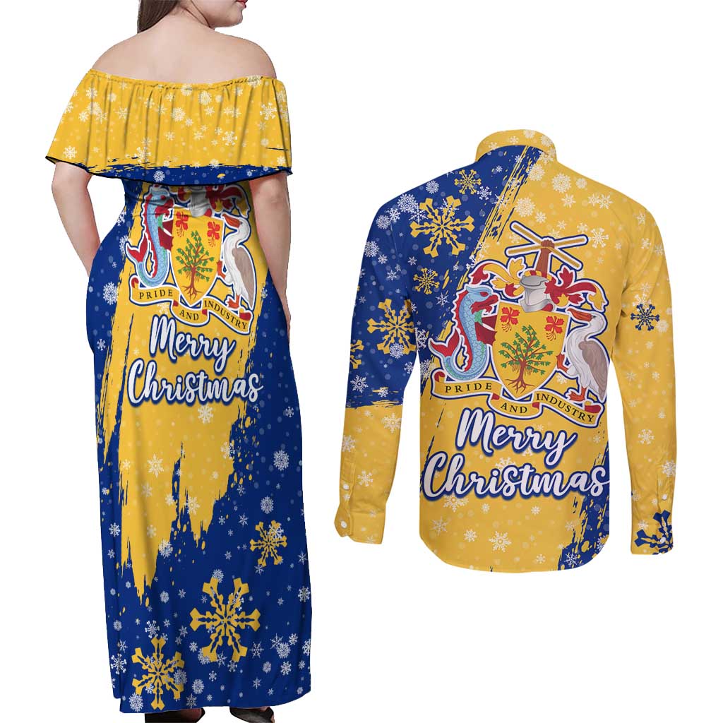 Barbados Christmas Couples Matching Off Shoulder Maxi Dress and Long Sleeve Button Shirt with Blue Yellow Xmas Snowflakes Red Truck and Coat of Arms - Wonder Print Shop