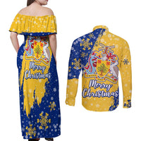 Barbados Christmas Couples Matching Off Shoulder Maxi Dress and Long Sleeve Button Shirt with Blue Yellow Xmas Snowflakes Red Truck and Coat of Arms - Wonder Print Shop