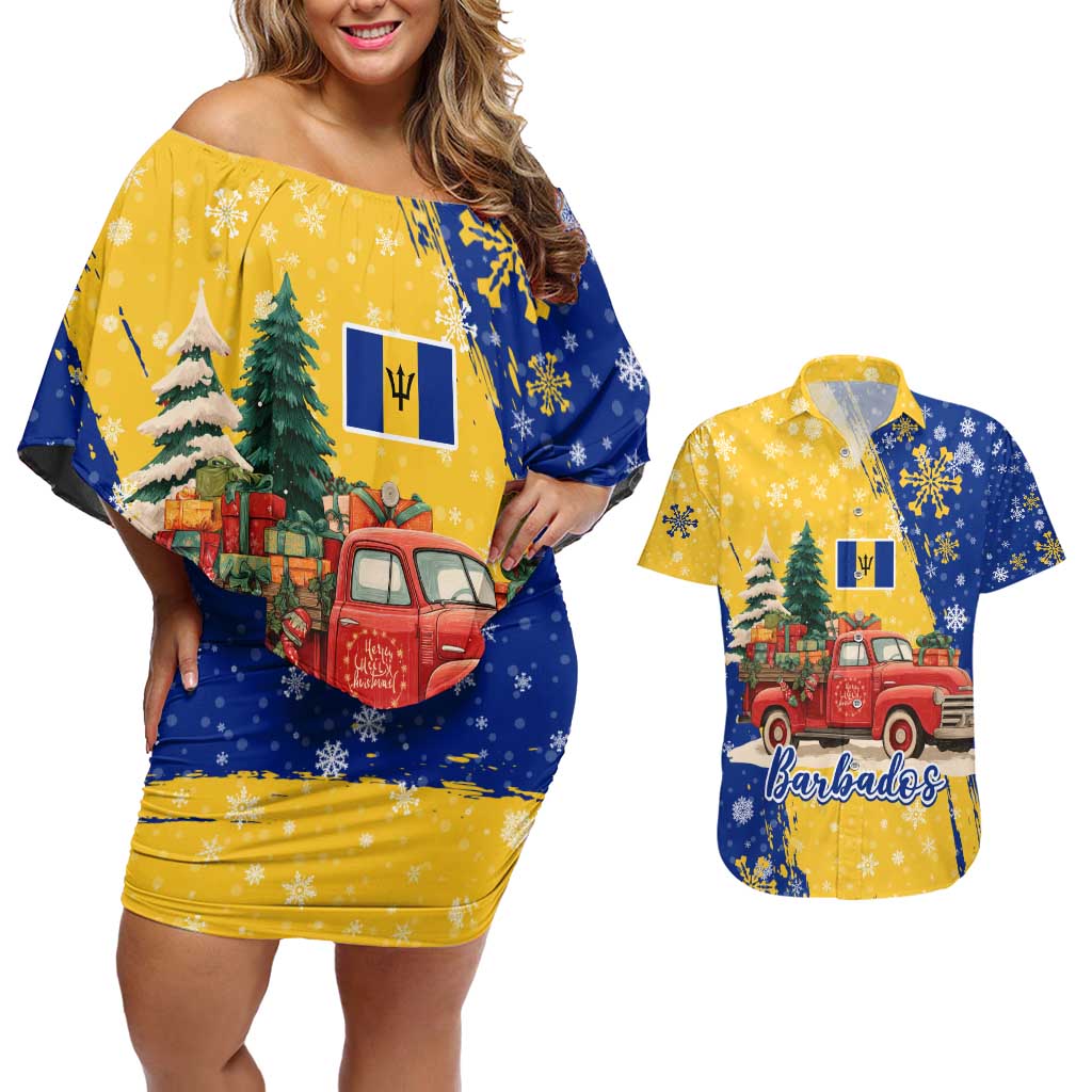 Barbados Christmas Couples Matching Off Shoulder Short Dress and Hawaiian Shirt with Blue Yellow Xmas Snowflakes Red Truck and Coat of Arms - Wonder Print Shop