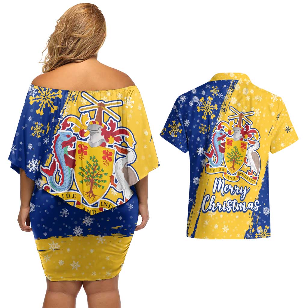 Barbados Christmas Couples Matching Off Shoulder Short Dress and Hawaiian Shirt with Blue Yellow Xmas Snowflakes Red Truck and Coat of Arms - Wonder Print Shop