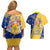 Barbados Christmas Couples Matching Off Shoulder Short Dress and Hawaiian Shirt with Blue Yellow Xmas Snowflakes Red Truck and Coat of Arms - Wonder Print Shop