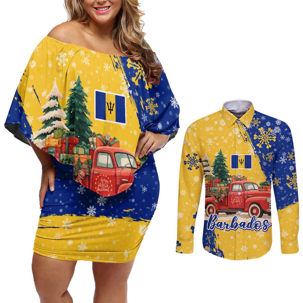 Barbados Christmas Couples Matching Off Shoulder Short Dress and Long Sleeve Button Shirt with Blue Yellow Xmas Snowflakes Red Truck and Coat of Arms - Wonder Print Shop