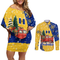 Barbados Christmas Couples Matching Off Shoulder Short Dress and Long Sleeve Button Shirt with Blue Yellow Xmas Snowflakes Red Truck and Coat of Arms - Wonder Print Shop