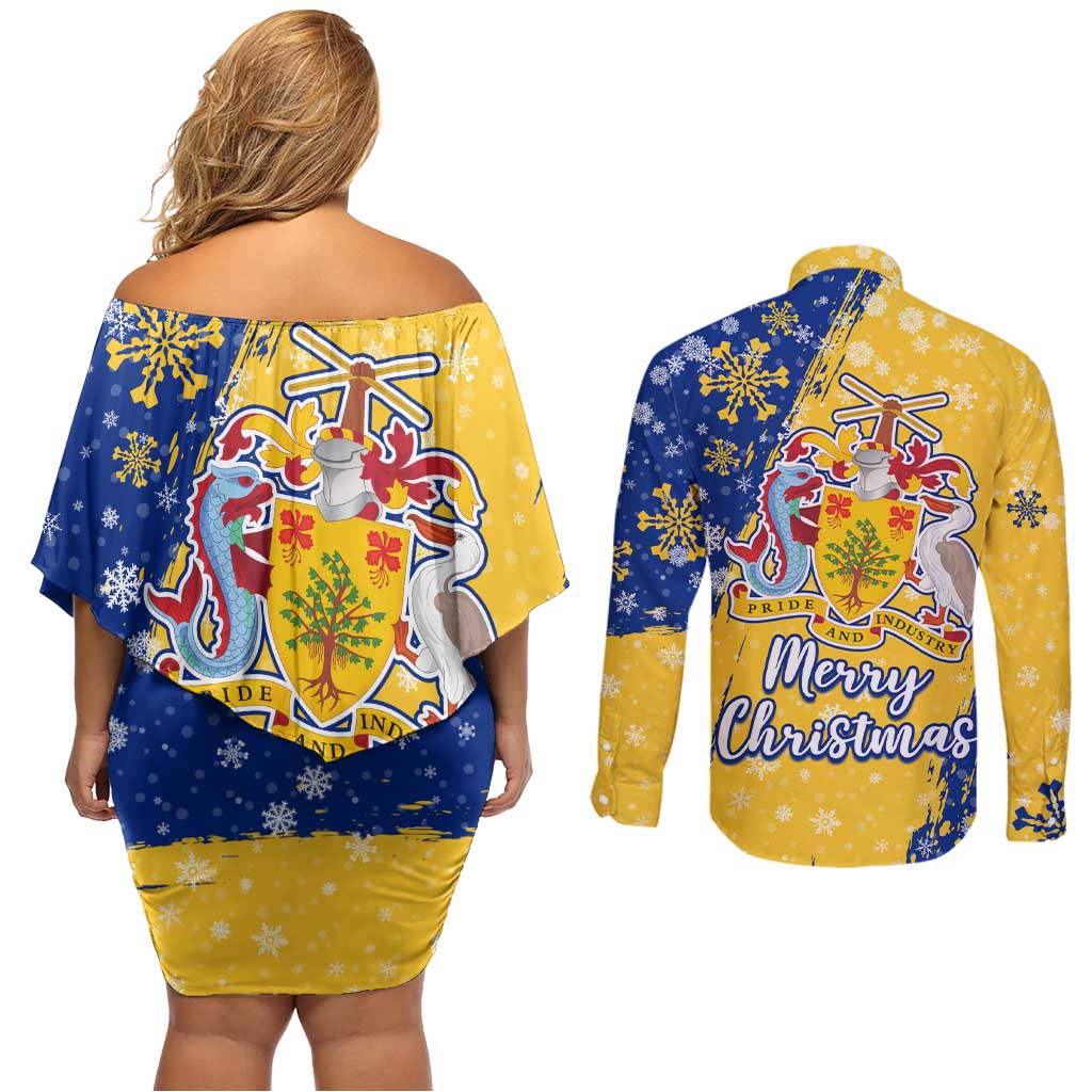 Barbados Christmas Couples Matching Off Shoulder Short Dress and Long Sleeve Button Shirt with Blue Yellow Xmas Snowflakes Red Truck and Coat of Arms - Wonder Print Shop
