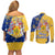 Barbados Christmas Couples Matching Off Shoulder Short Dress and Long Sleeve Button Shirt with Blue Yellow Xmas Snowflakes Red Truck and Coat of Arms - Wonder Print Shop