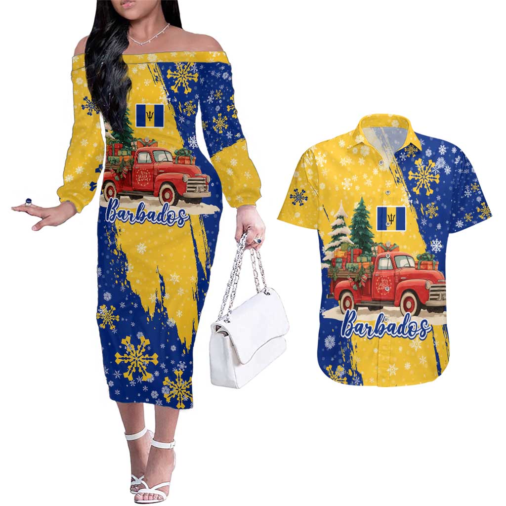 Barbados Christmas Couples Matching Off The Shoulder Long Sleeve Dress and Hawaiian Shirt with Blue Yellow Xmas Snowflakes Red Truck and Coat of Arms - Wonder Print Shop