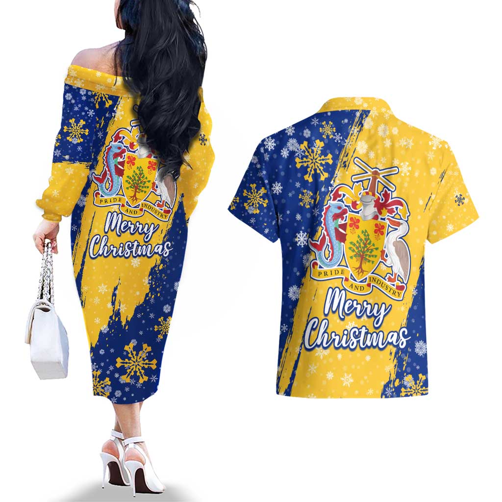 Barbados Christmas Couples Matching Off The Shoulder Long Sleeve Dress and Hawaiian Shirt with Blue Yellow Xmas Snowflakes Red Truck and Coat of Arms - Wonder Print Shop