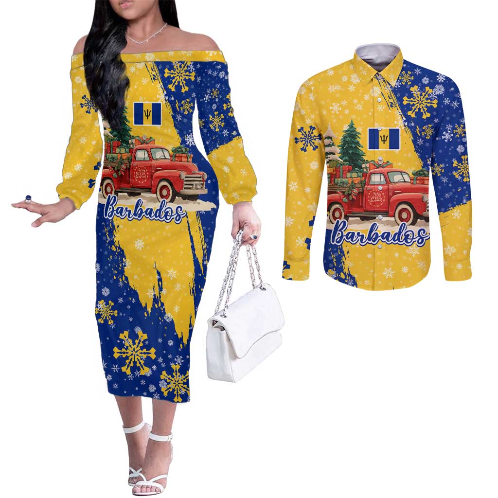Barbados Christmas Couples Matching Off The Shoulder Long Sleeve Dress and Long Sleeve Button Shirt with Blue Yellow Xmas Snowflakes Red Truck and Coat of Arms - Wonder Print Shop