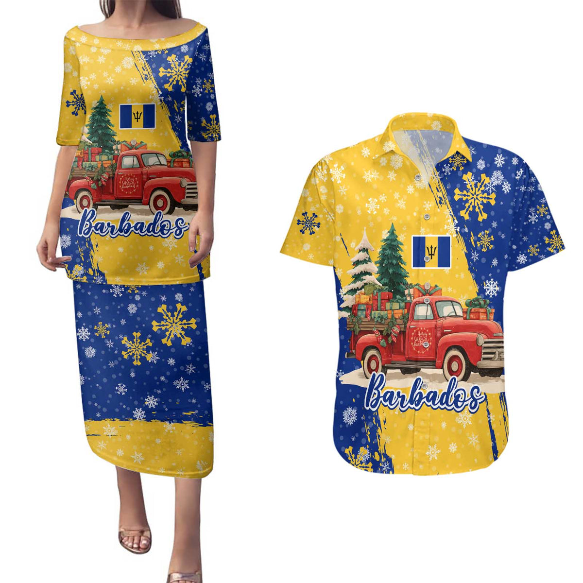 Barbados Christmas Couples Matching Puletasi and Hawaiian Shirt with Blue Yellow Xmas Snowflakes Red Truck and Coat of Arms - Wonder Print Shop