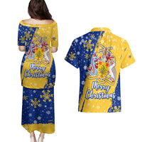 Barbados Christmas Couples Matching Puletasi and Hawaiian Shirt with Blue Yellow Xmas Snowflakes Red Truck and Coat of Arms - Wonder Print Shop