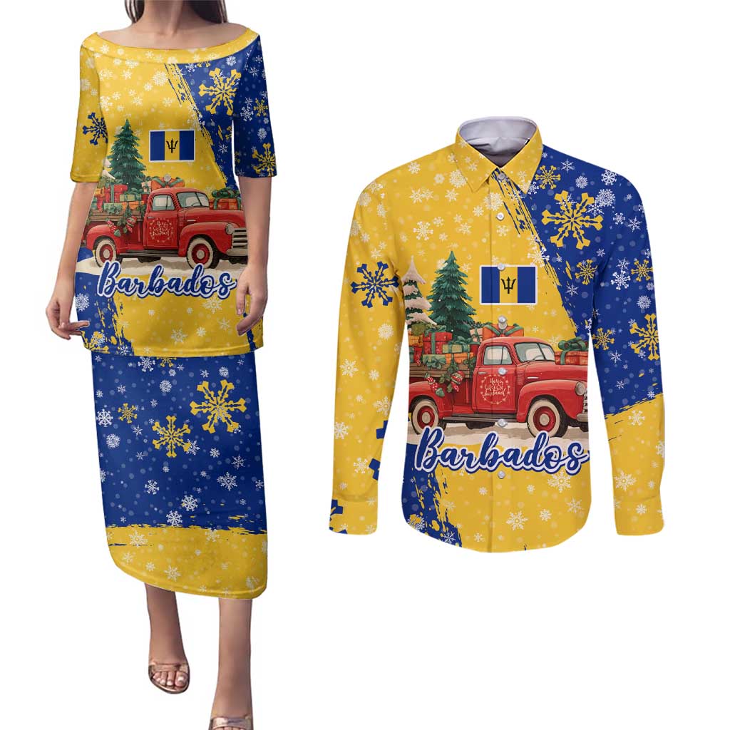 Barbados Christmas Couples Matching Puletasi and Long Sleeve Button Shirt with Blue Yellow Xmas Snowflakes Red Truck and Coat of Arms - Wonder Print Shop
