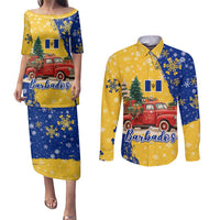 Barbados Christmas Couples Matching Puletasi and Long Sleeve Button Shirt with Blue Yellow Xmas Snowflakes Red Truck and Coat of Arms - Wonder Print Shop