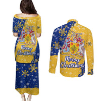 Barbados Christmas Couples Matching Puletasi and Long Sleeve Button Shirt with Blue Yellow Xmas Snowflakes Red Truck and Coat of Arms - Wonder Print Shop