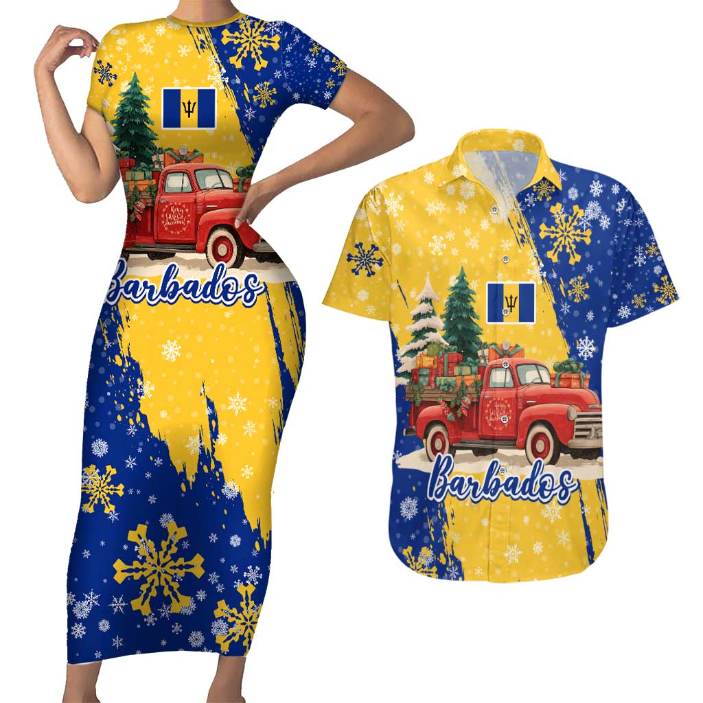 Barbados Christmas Couples Matching Short Sleeve Bodycon Dress and Hawaiian Shirt with Blue Yellow Xmas Snowflakes Red Truck and Coat of Arms - Wonder Print Shop