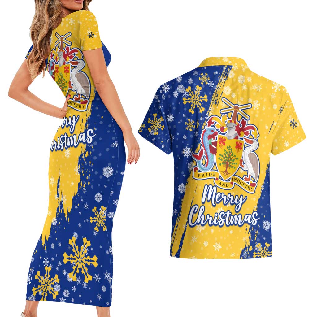 Barbados Christmas Couples Matching Short Sleeve Bodycon Dress and Hawaiian Shirt with Blue Yellow Xmas Snowflakes Red Truck and Coat of Arms - Wonder Print Shop
