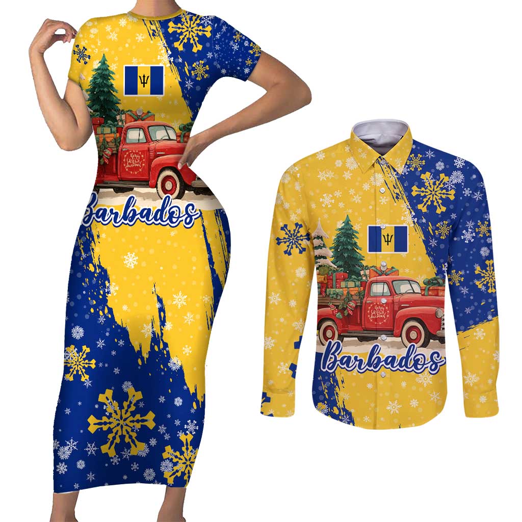 Barbados Christmas Couples Matching Short Sleeve Bodycon Dress and Long Sleeve Button Shirt with Blue Yellow Xmas Snowflakes Red Truck and Coat of Arms - Wonder Print Shop