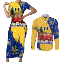 Barbados Christmas Couples Matching Short Sleeve Bodycon Dress and Long Sleeve Button Shirt with Blue Yellow Xmas Snowflakes Red Truck and Coat of Arms - Wonder Print Shop