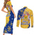 Barbados Christmas Couples Matching Short Sleeve Bodycon Dress and Long Sleeve Button Shirt with Blue Yellow Xmas Snowflakes Red Truck and Coat of Arms - Wonder Print Shop