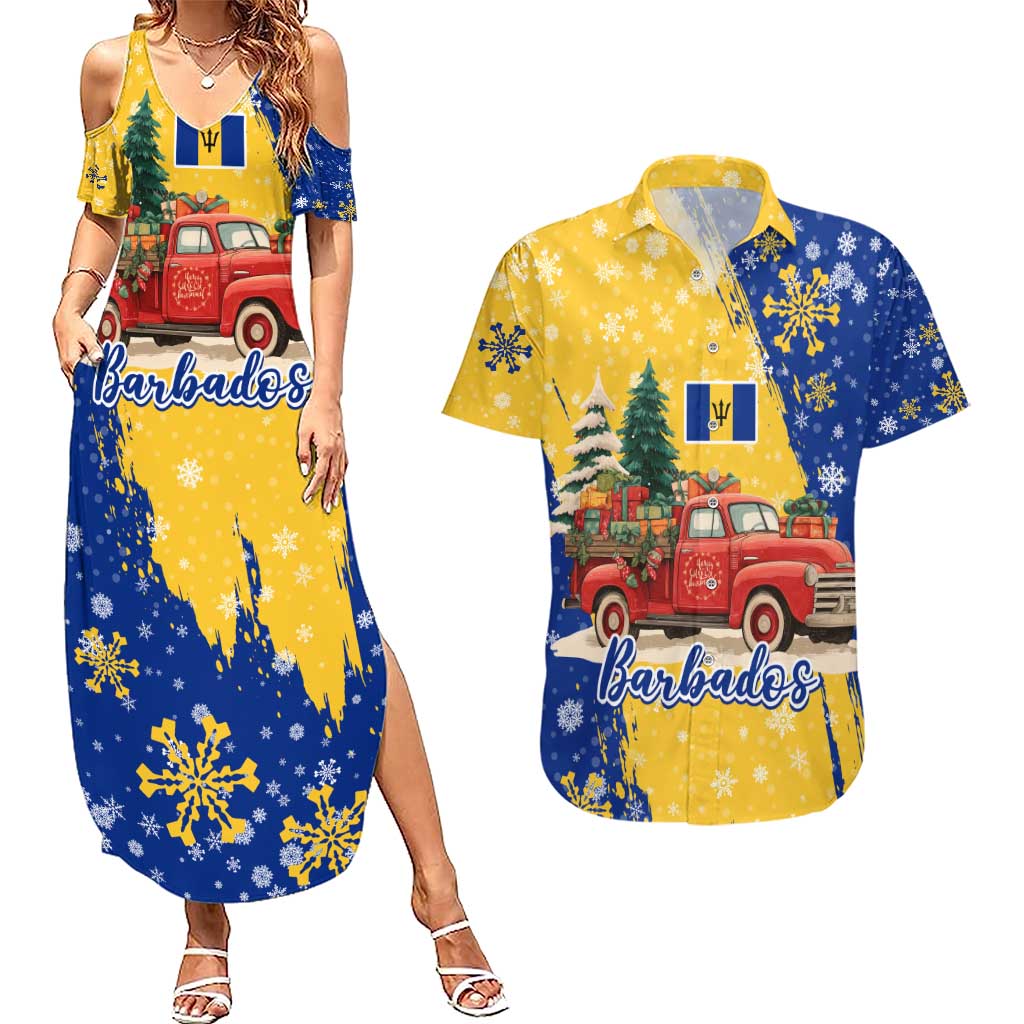 Barbados Christmas Couples Matching Summer Maxi Dress and Hawaiian Shirt with Blue Yellow Xmas Snowflakes Red Truck and Coat of Arms - Wonder Print Shop