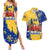 Barbados Christmas Couples Matching Summer Maxi Dress and Hawaiian Shirt with Blue Yellow Xmas Snowflakes Red Truck and Coat of Arms - Wonder Print Shop