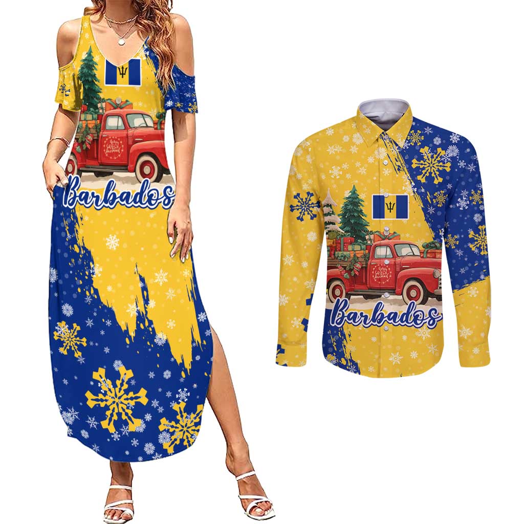 Barbados Christmas Couples Matching Summer Maxi Dress and Long Sleeve Button Shirt with Blue Yellow Xmas Snowflakes Red Truck and Coat of Arms - Wonder Print Shop