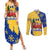 Barbados Christmas Couples Matching Summer Maxi Dress and Long Sleeve Button Shirt with Blue Yellow Xmas Snowflakes Red Truck and Coat of Arms - Wonder Print Shop