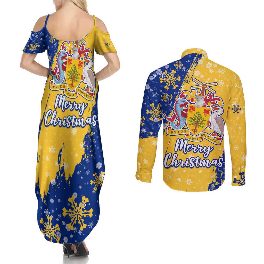 Barbados Christmas Couples Matching Summer Maxi Dress and Long Sleeve Button Shirt with Blue Yellow Xmas Snowflakes Red Truck and Coat of Arms - Wonder Print Shop