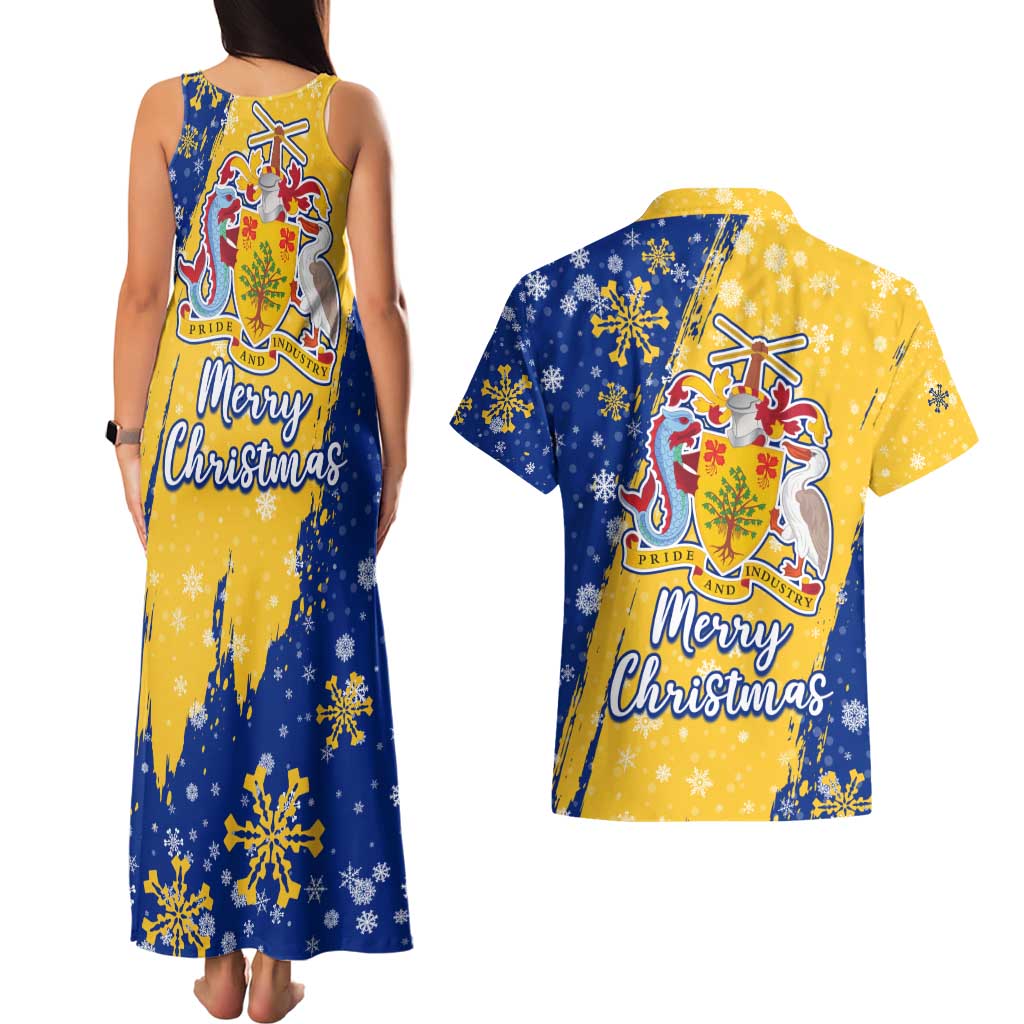 Barbados Christmas Couples Matching Tank Maxi Dress and Hawaiian Shirt with Blue Yellow Xmas Snowflakes Red Truck and Coat of Arms - Wonder Print Shop