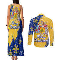 Barbados Christmas Couples Matching Tank Maxi Dress and Long Sleeve Button Shirt with Blue Yellow Xmas Snowflakes Red Truck and Coat of Arms - Wonder Print Shop