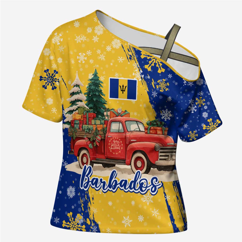 Barbados Christmas Cross Shoulder Shirt with Blue Yellow Xmas Snowflakes Red Truck and Coat of Arms - Wonder Print Shop