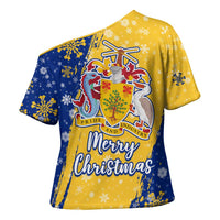 Barbados Christmas Cross Shoulder Shirt with Blue Yellow Xmas Snowflakes Red Truck and Coat of Arms - Wonder Print Shop