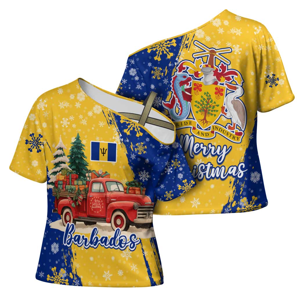 Barbados Christmas Cross Shoulder Shirt with Blue Yellow Xmas Snowflakes Red Truck and Coat of Arms - Wonder Print Shop