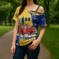 Barbados Christmas Cross Shoulder Shirt with Blue Yellow Xmas Snowflakes Red Truck and Coat of Arms - Wonder Print Shop