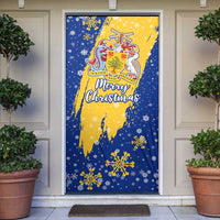 Barbados Christmas Door Cover with Blue Yellow Xmas Snowflakes Red Truck and Coat of Arms - Wonder Print Shop