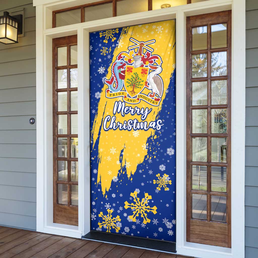 Barbados Christmas Door Cover with Blue Yellow Xmas Snowflakes Red Truck and Coat of Arms - Wonder Print Shop