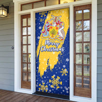 Barbados Christmas Door Cover with Blue Yellow Xmas Snowflakes Red Truck and Coat of Arms - Wonder Print Shop