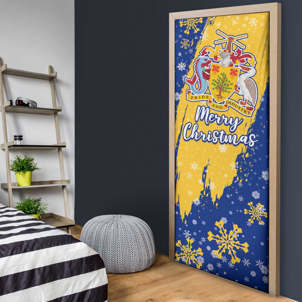 Barbados Christmas Door Cover with Blue Yellow Xmas Snowflakes Red Truck and Coat of Arms - Wonder Print Shop