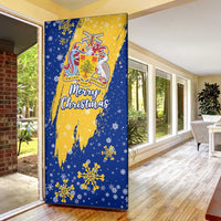 Barbados Christmas Door Cover with Blue Yellow Xmas Snowflakes Red Truck and Coat of Arms - Wonder Print Shop