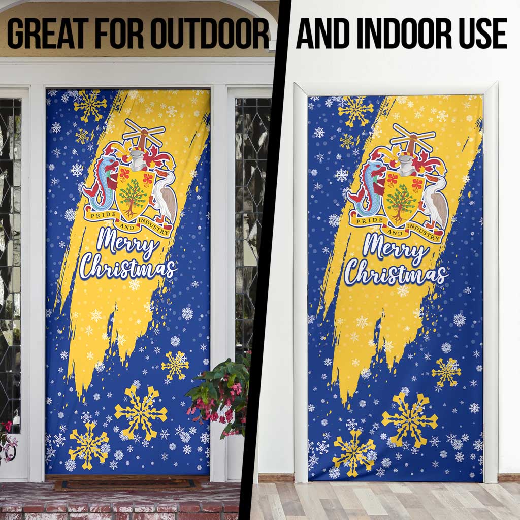Barbados Christmas Door Cover with Blue Yellow Xmas Snowflakes Red Truck and Coat of Arms - Wonder Print Shop