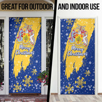 Barbados Christmas Door Cover with Blue Yellow Xmas Snowflakes Red Truck and Coat of Arms - Wonder Print Shop