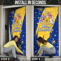 Barbados Christmas Door Cover with Blue Yellow Xmas Snowflakes Red Truck and Coat of Arms - Wonder Print Shop