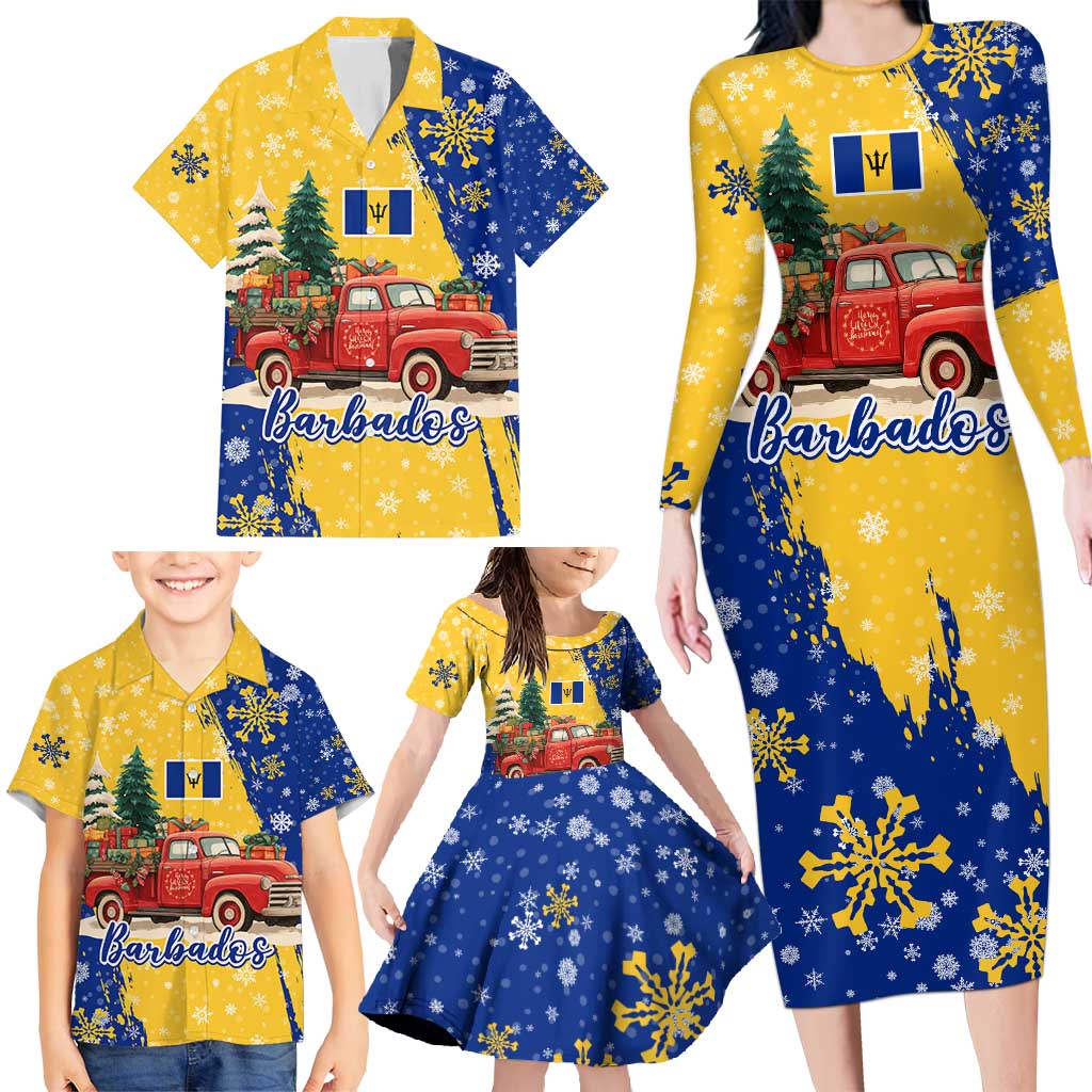 Barbados Christmas Family Matching Long Sleeve Bodycon Dress and Hawaiian Shirt with Blue Yellow Xmas Snowflakes Red Truck and Coat of Arms - Wonder Print Shop