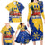 Barbados Christmas Family Matching Long Sleeve Bodycon Dress and Hawaiian Shirt with Blue Yellow Xmas Snowflakes Red Truck and Coat of Arms - Wonder Print Shop