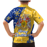 Barbados Christmas Family Matching Mermaid Dress and Hawaiian Shirt with Blue Yellow Xmas Snowflakes Red Truck and Coat of Arms - Wonder Print Shop