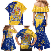 Barbados Christmas Family Matching Mermaid Dress and Hawaiian Shirt with Blue Yellow Xmas Snowflakes Red Truck and Coat of Arms - Wonder Print Shop