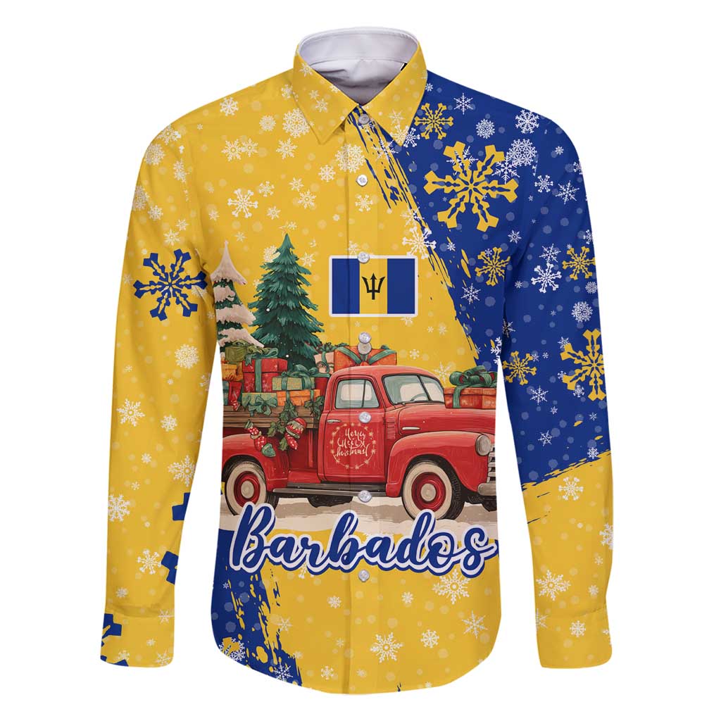 Barbados Christmas Family Matching Mermaid Dress and Hawaiian Shirt with Blue Yellow Xmas Snowflakes Red Truck and Coat of Arms - Wonder Print Shop