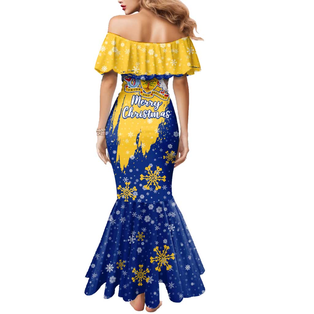 Barbados Christmas Family Matching Mermaid Dress and Hawaiian Shirt with Blue Yellow Xmas Snowflakes Red Truck and Coat of Arms - Wonder Print Shop