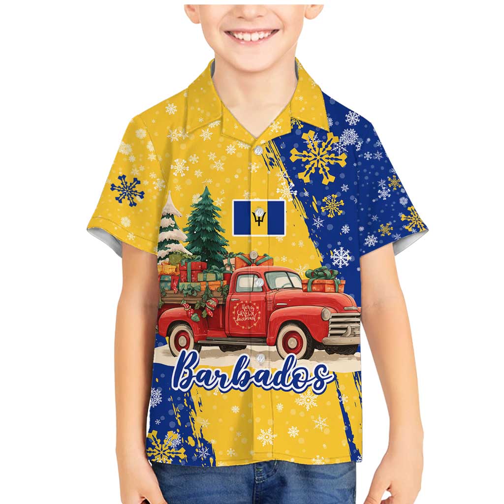 Barbados Christmas Family Matching Mermaid Dress and Hawaiian Shirt with Blue Yellow Xmas Snowflakes Red Truck and Coat of Arms - Wonder Print Shop