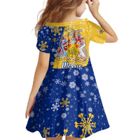 Barbados Christmas Family Matching Off The Shoulder Long Sleeve Dress and Hawaiian Shirt with Blue Yellow Xmas Snowflakes Red Truck and Coat of Arms - Wonder Print Shop
