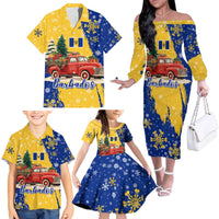 Barbados Christmas Family Matching Off The Shoulder Long Sleeve Dress and Hawaiian Shirt with Blue Yellow Xmas Snowflakes Red Truck and Coat of Arms - Wonder Print Shop